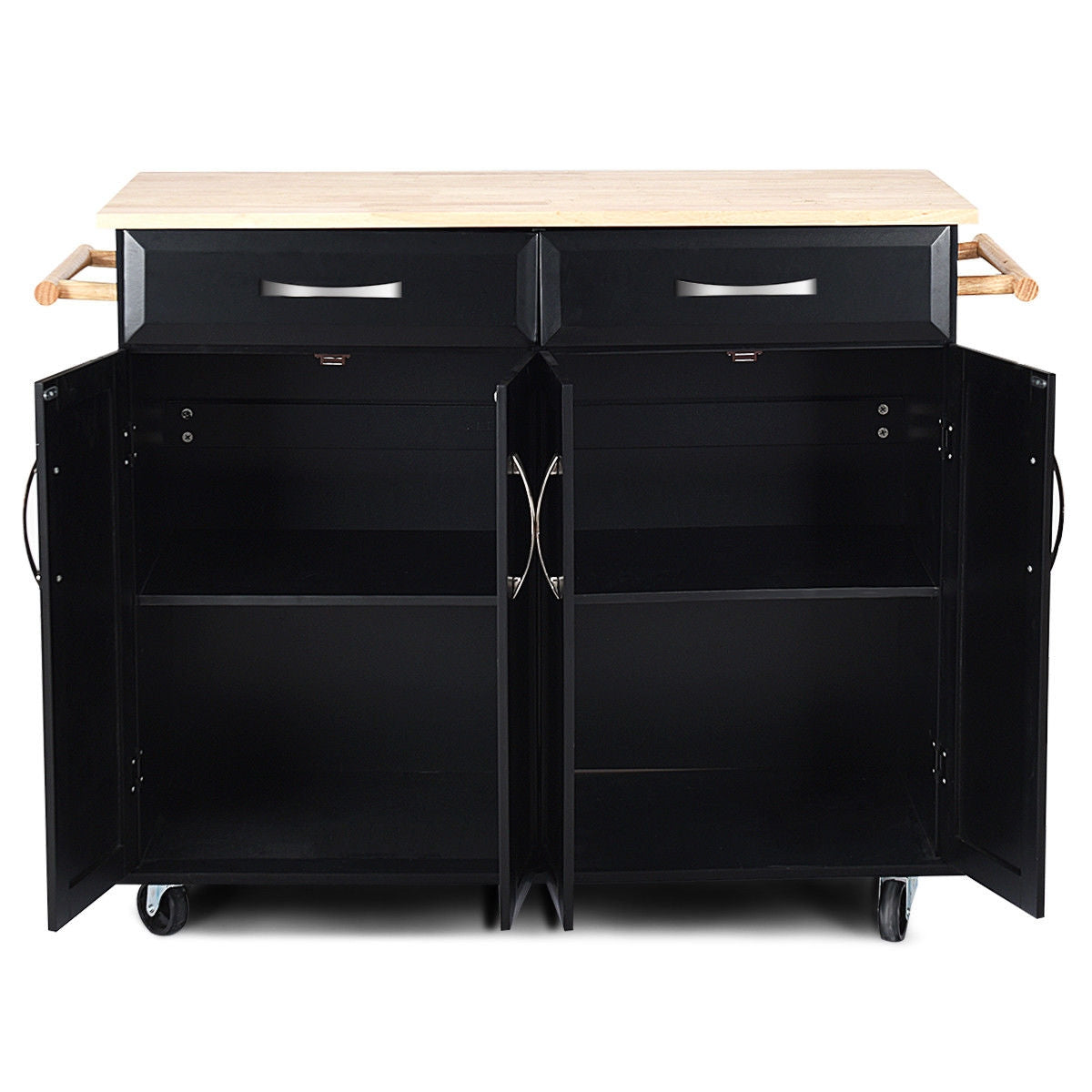 Kitchen Island Cart with Rubber Wood Top and Lockable Rolling Wheels, Black