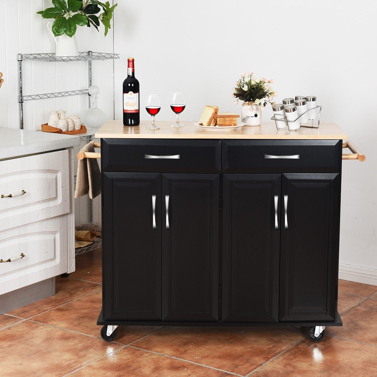 Kitchen Island Cart with Rubber Wood Top and Lockable Rolling Wheels, Black