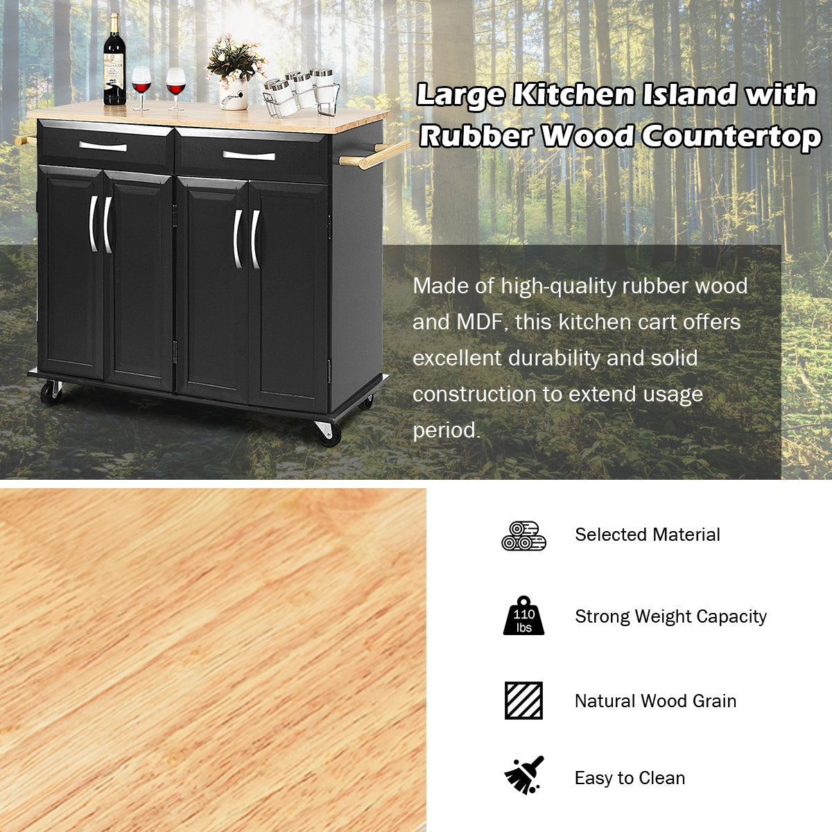 Kitchen Island Cart with Rubber Wood Top and Lockable Rolling Wheels, Black