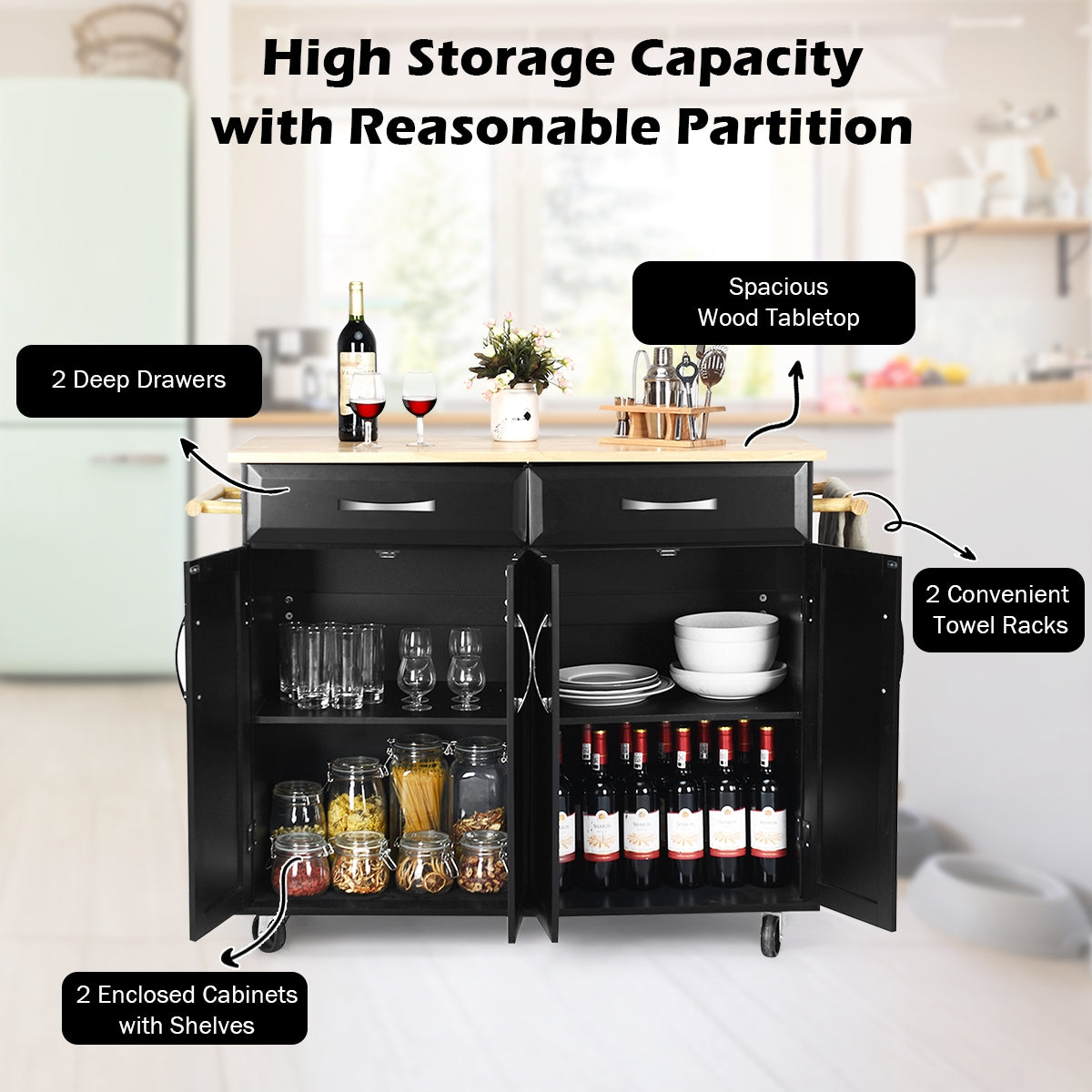 Kitchen Island Cart with Rubber Wood Top and Lockable Rolling Wheels, Black