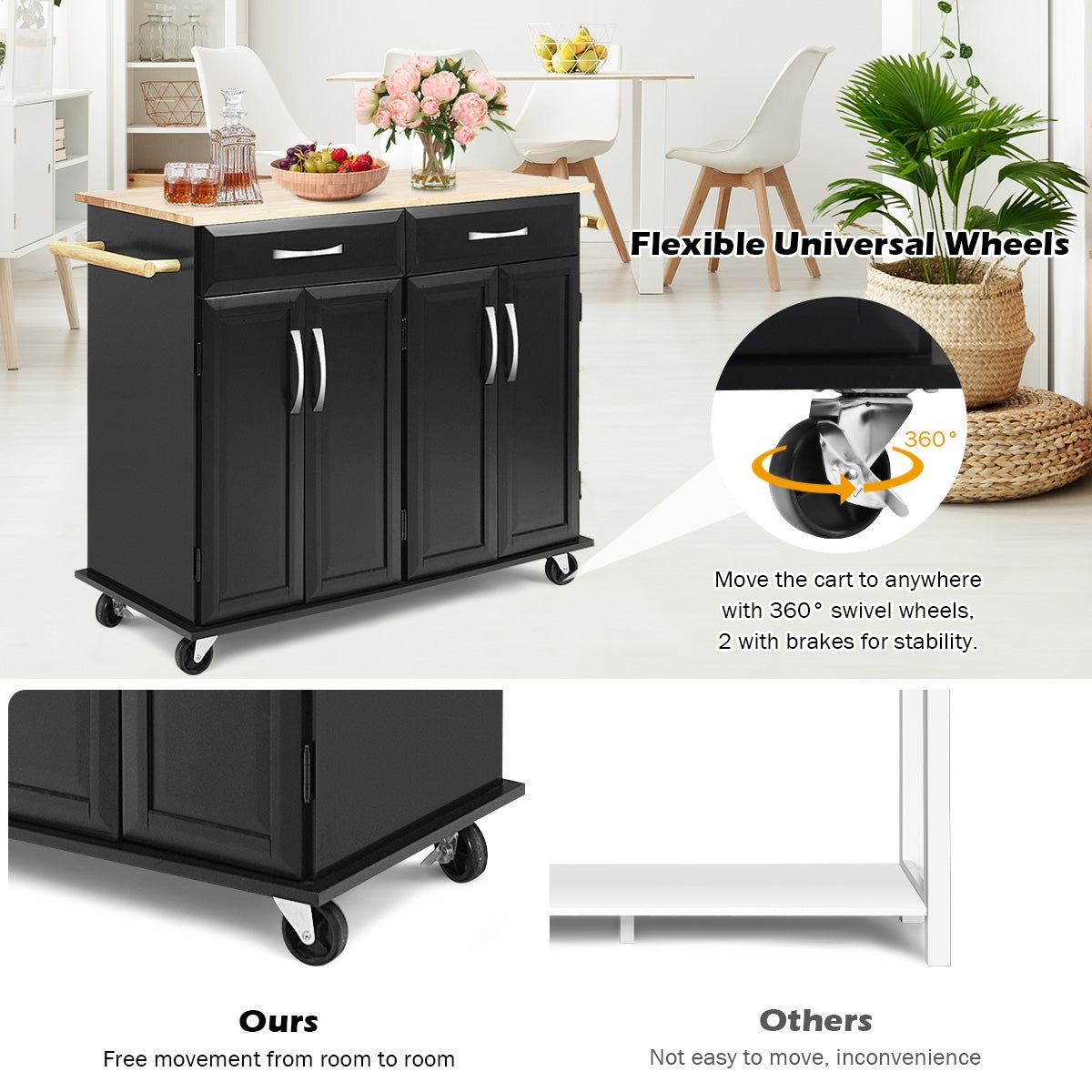 Kitchen Island Cart with Rubber Wood Top and Lockable Rolling Wheels, Black