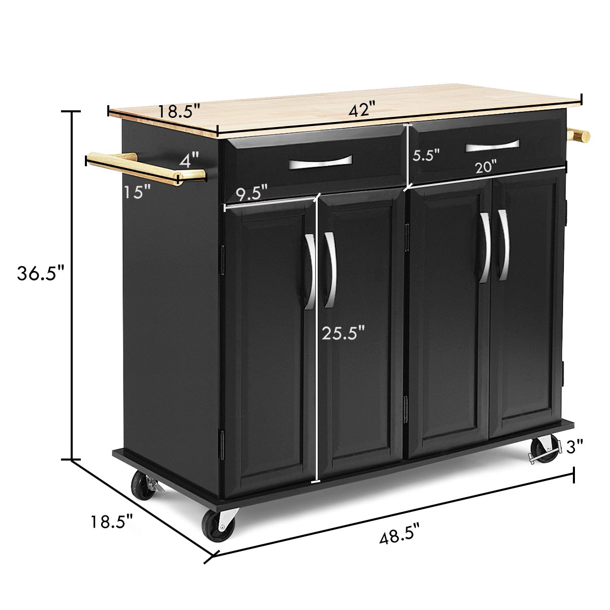 Kitchen Island Cart with Rubber Wood Top and Lockable Rolling Wheels, Black