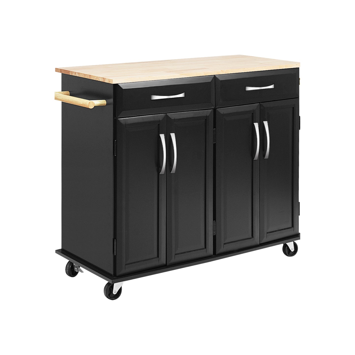 Kitchen Island Cart with Rubber Wood Top and Lockable Rolling Wheels, Black