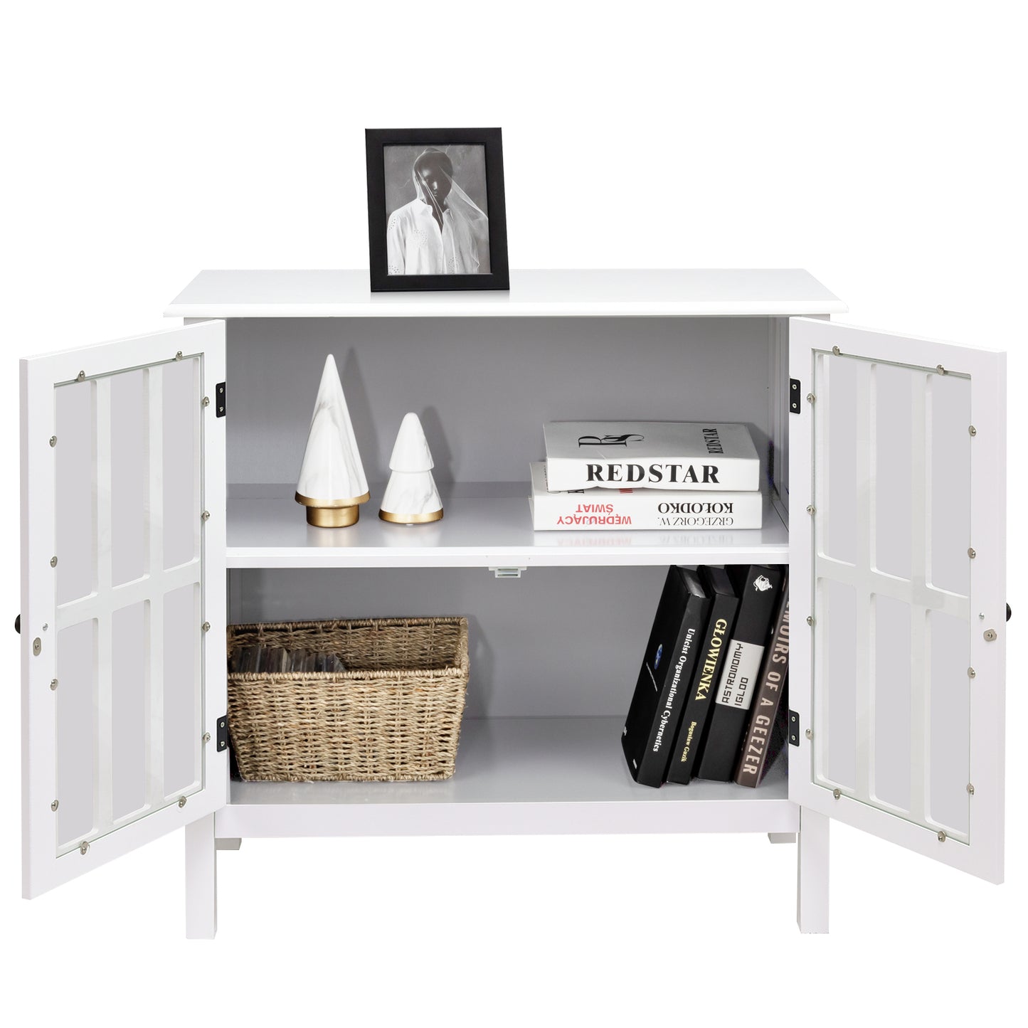 Modern Glass Door Buffet Cabinet with Adjustable Shelves and Storage Drawers - White