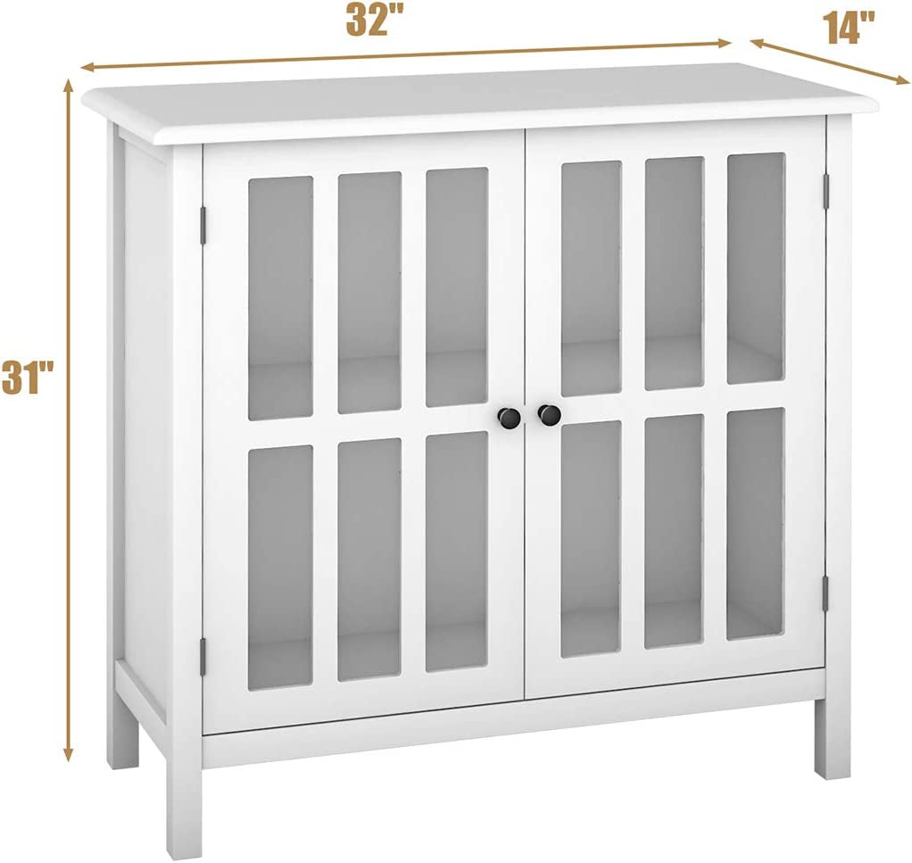 Modern Glass Door Buffet Cabinet with Adjustable Shelves and Storage Drawers - White