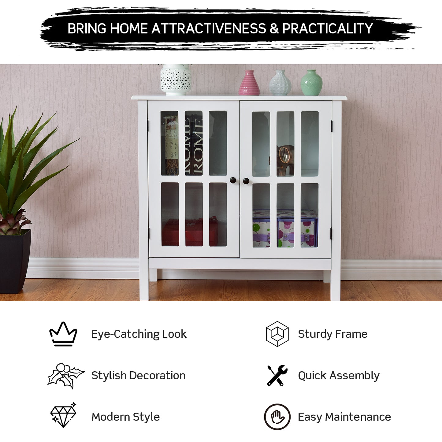 Modern Glass Door Buffet Cabinet with Adjustable Shelves and Storage Drawers - White