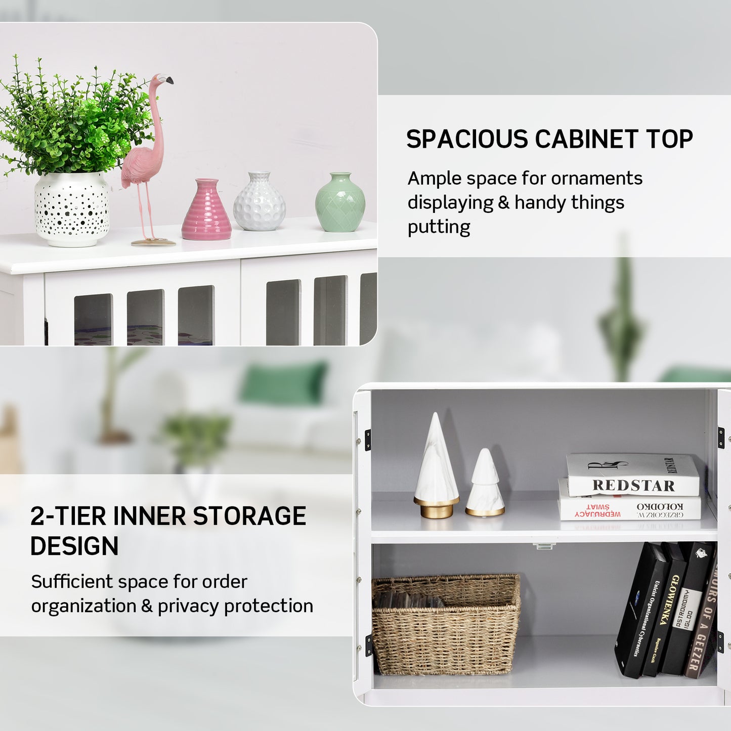 Modern Glass Door Buffet Cabinet with Adjustable Shelves and Storage Drawers - White