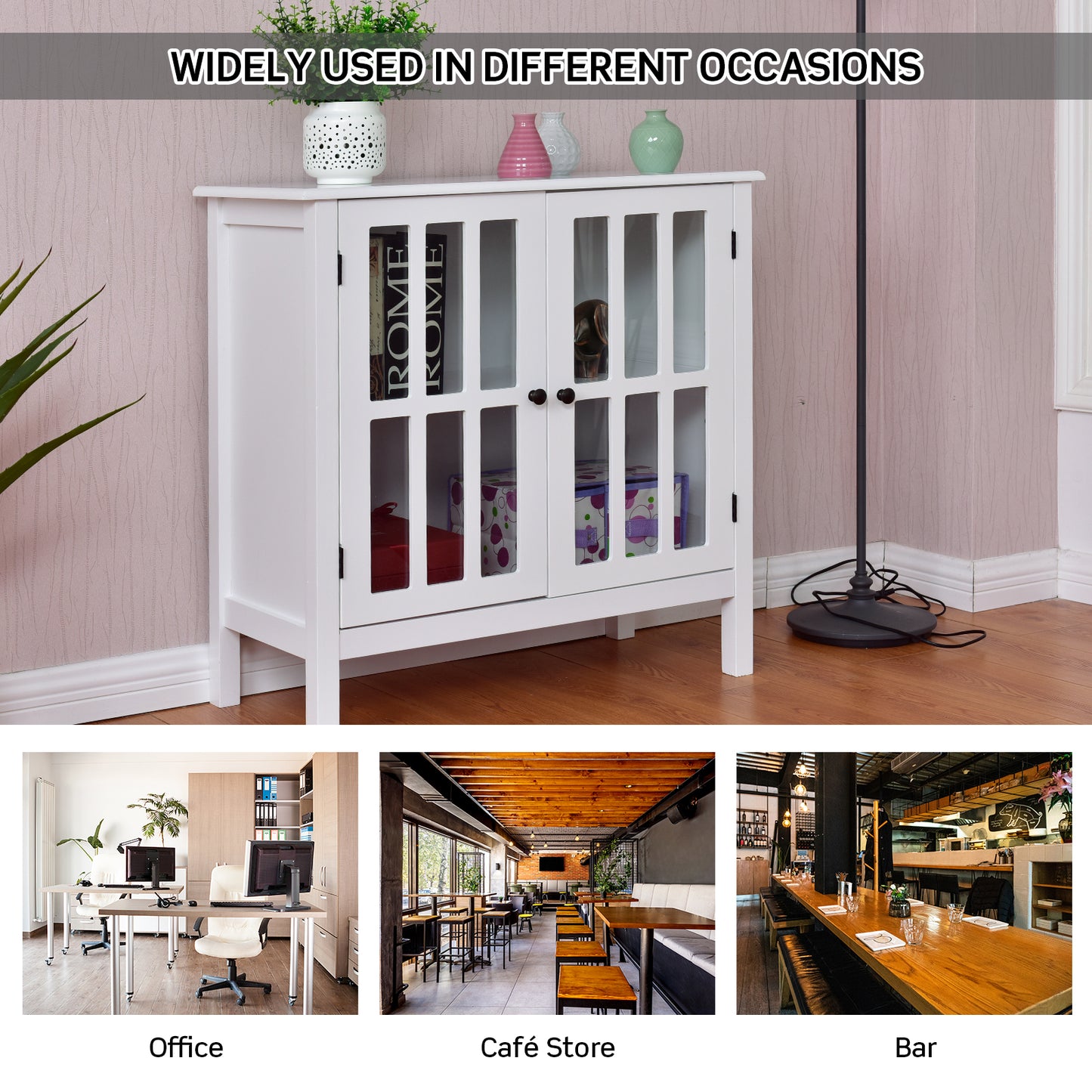 Modern Glass Door Buffet Cabinet with Adjustable Shelves and Storage Drawers - White