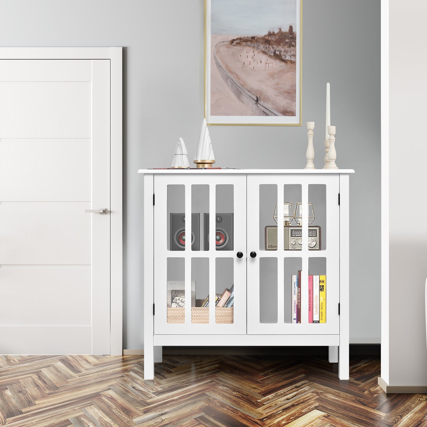 Modern Glass Door Buffet Cabinet with Adjustable Shelves and Storage Drawers - White