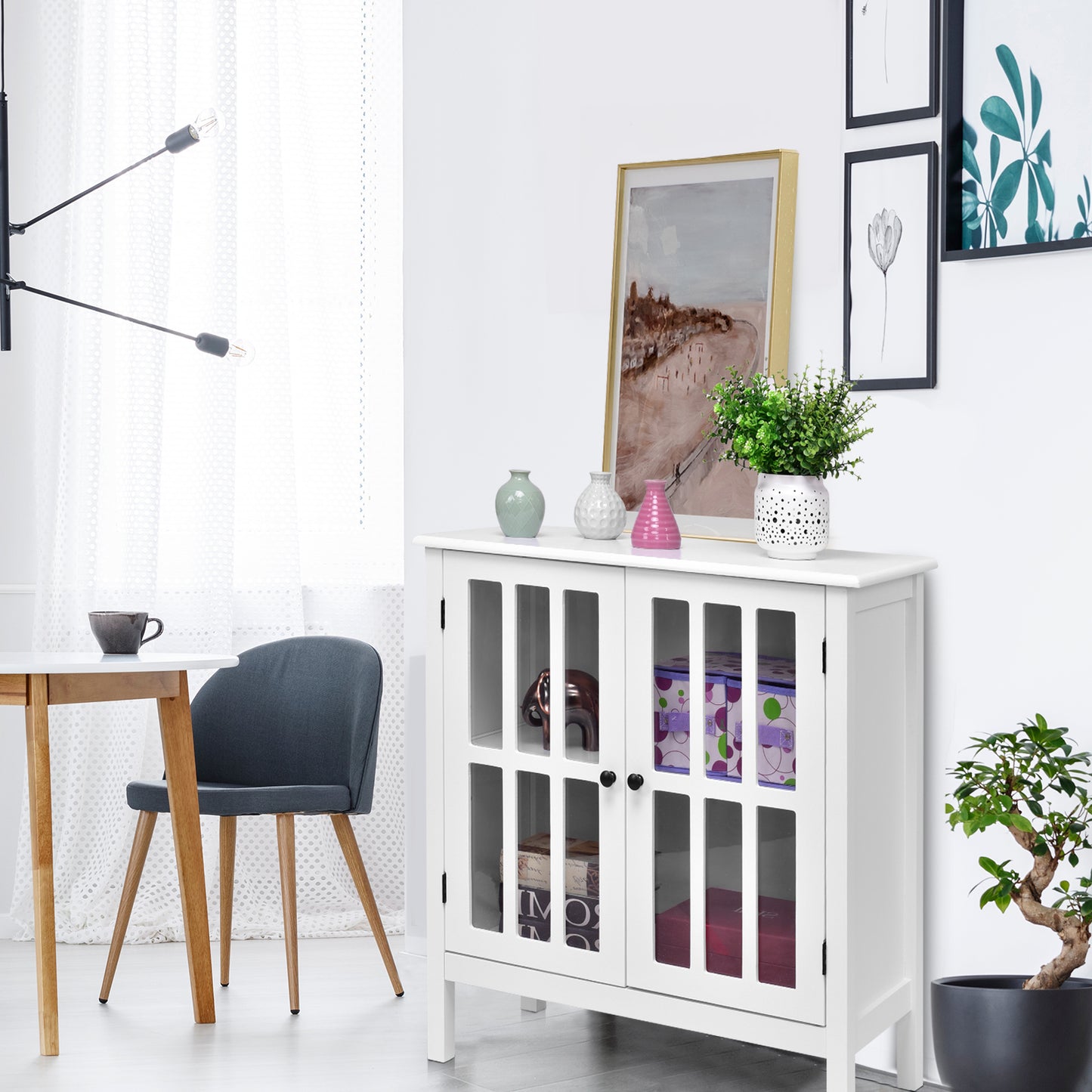 Modern Glass Door Buffet Cabinet with Adjustable Shelves and Storage Drawers - White