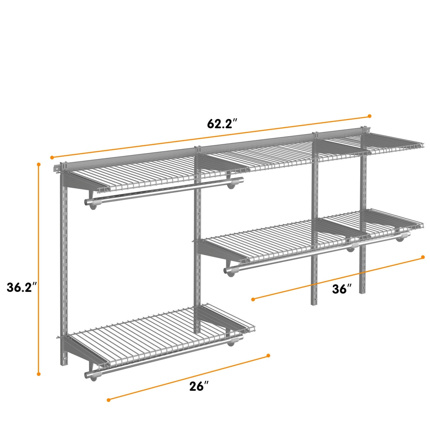 Adjustable Wall-Mounted Closet Organizer Kit with Shelves and Hanging Rods for 3 to 5 Ft Spaces – Grey