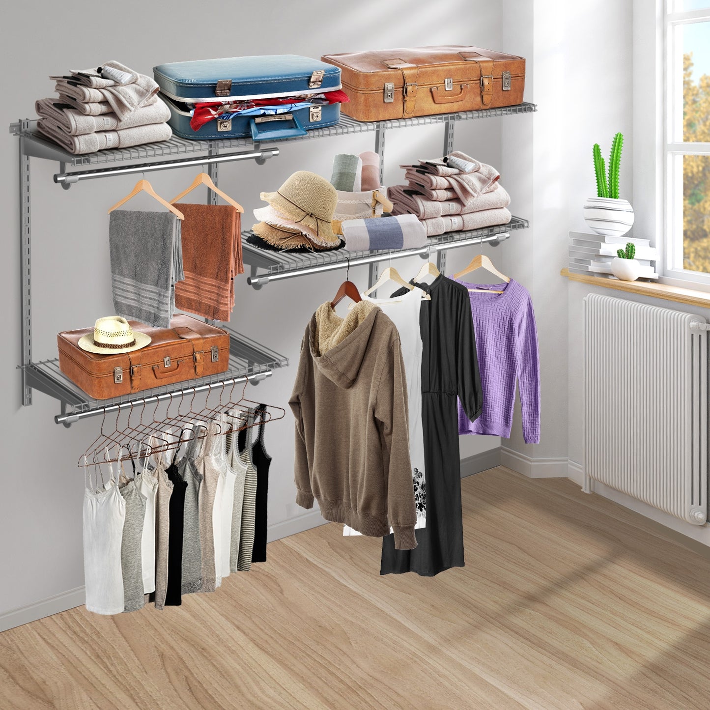 Adjustable Wall-Mounted Closet Organizer Kit with Shelves and Hanging Rods for 3 to 5 Ft Spaces – Grey