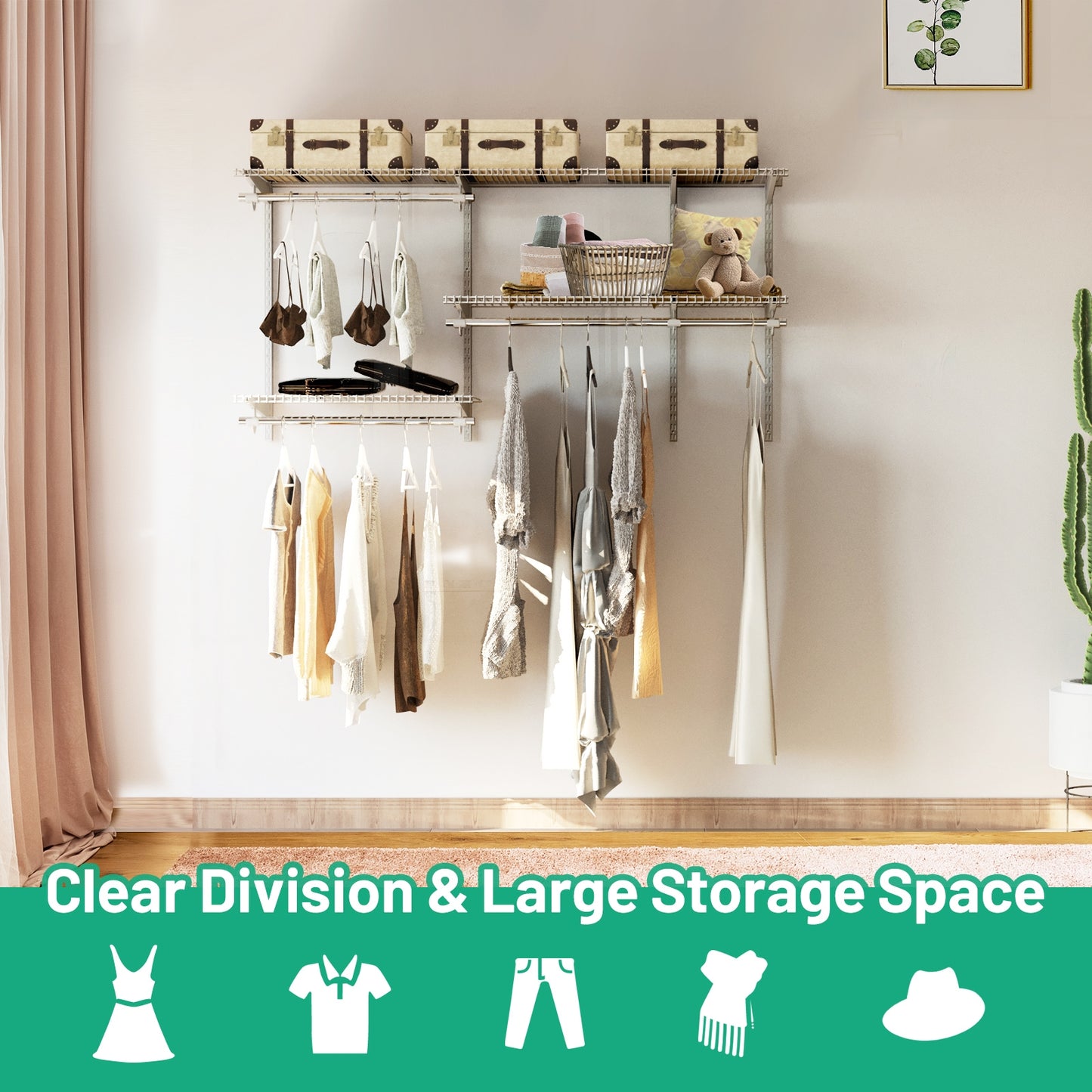 Adjustable Wall-Mounted Closet Organizer Kit with Shelves and Hanging Rods for 3 to 5 Ft Spaces – Grey