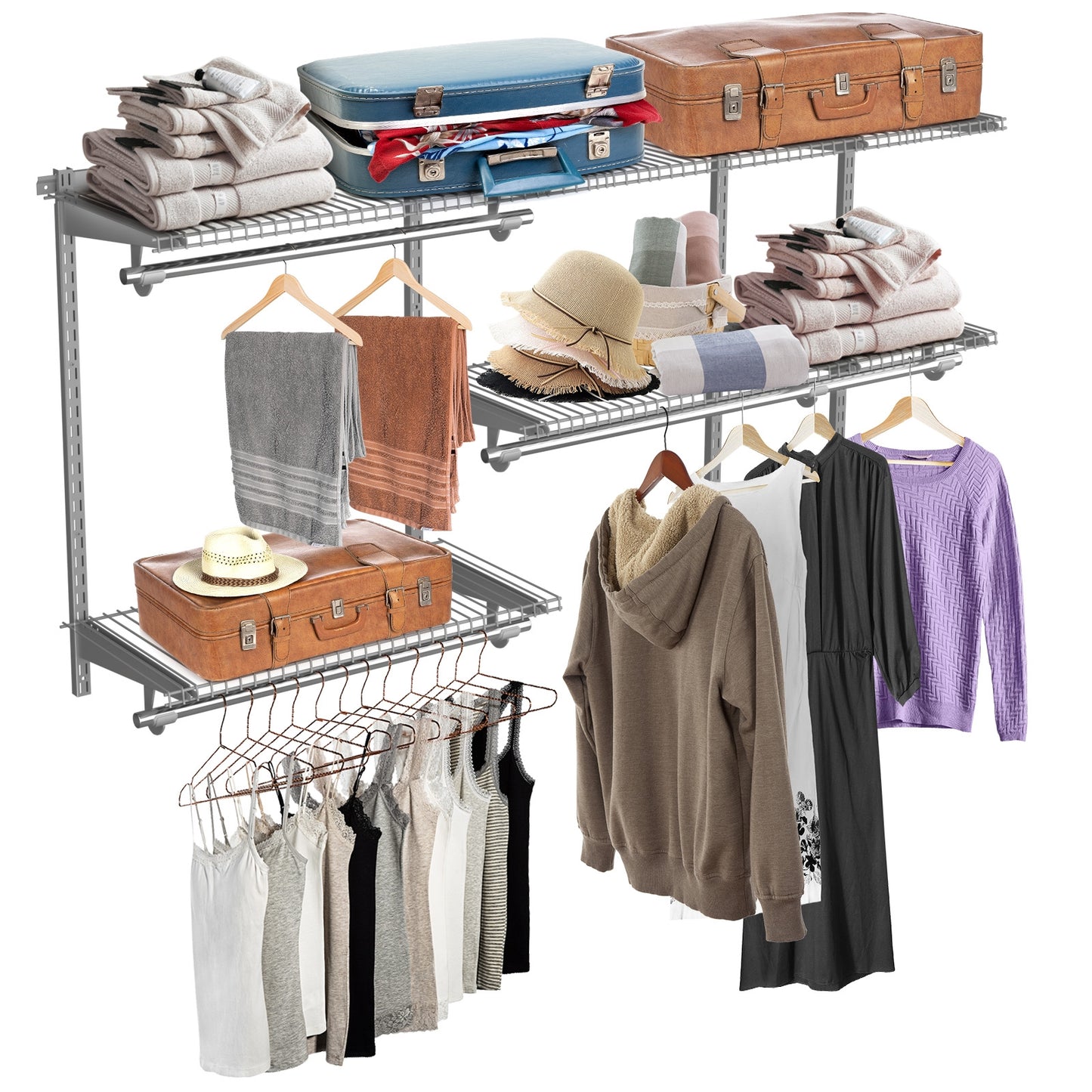 Adjustable Wall-Mounted Closet Organizer Kit with Shelves and Hanging Rods for 3 to 5 Ft Spaces – Grey