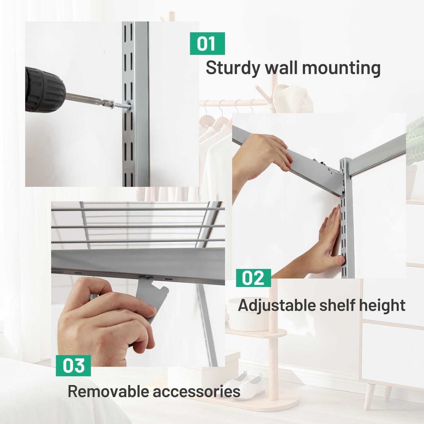 Adjustable Wall-Mounted Closet Organizer Kit with Shelves and Hanging Rods for 3 to 5 Ft Spaces – Grey