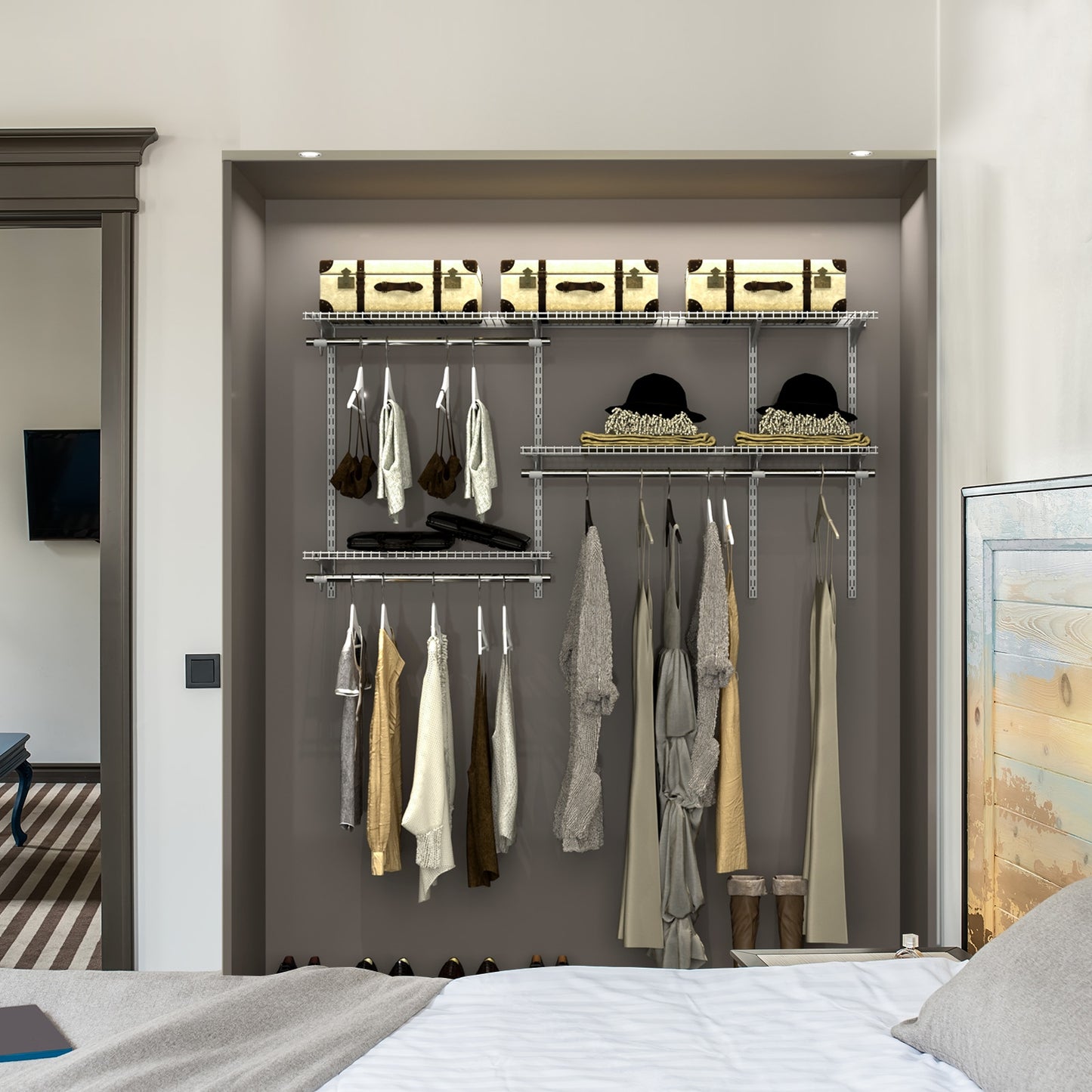 Adjustable Wall-Mounted Closet Organizer Kit with Shelves and Hanging Rods for 3 to 5 Ft Spaces – Grey