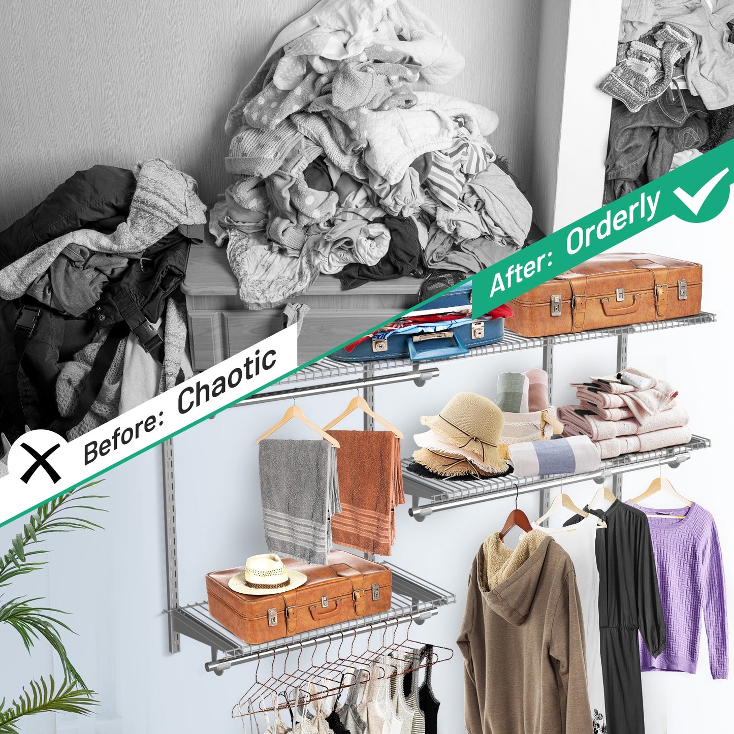 Adjustable Wall-Mounted Closet Organizer Kit with Shelves and Hanging Rods for 3 to 5 Ft Spaces – Grey