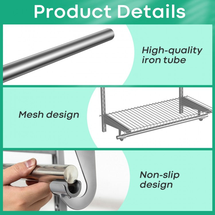 Adjustable Wall-Mounted Closet Organizer Kit with Shelves and Hanging Rods for 3 to 5 Ft Spaces – Grey