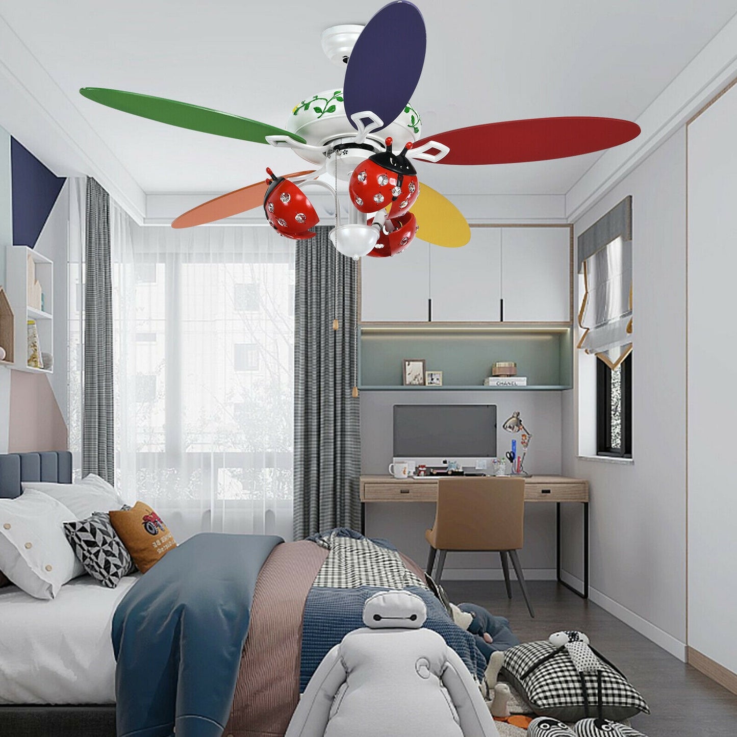 52 Inch Beetle Ceiling Fan for Kids with Colorful Blades & Pull Chain Control