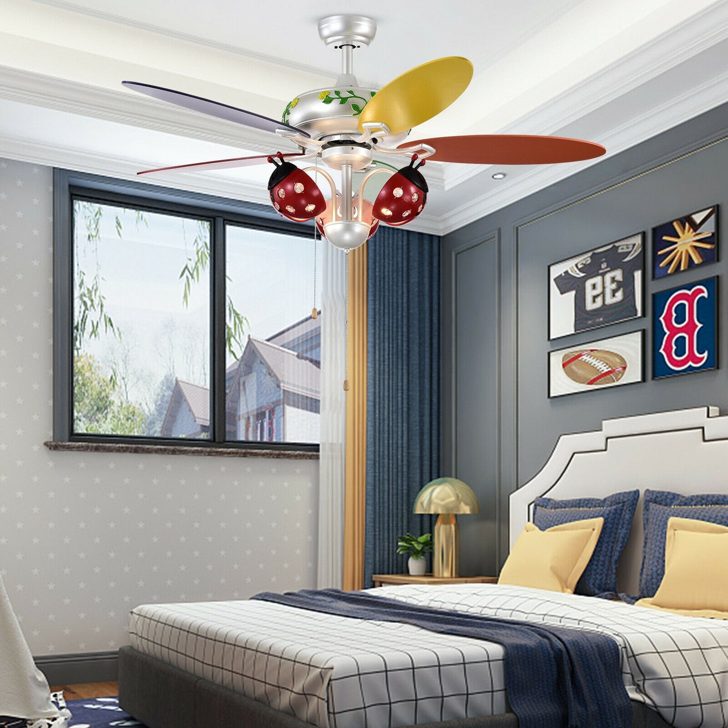 52 Inch Beetle Ceiling Fan for Kids with Colorful Blades & Pull Chain Control