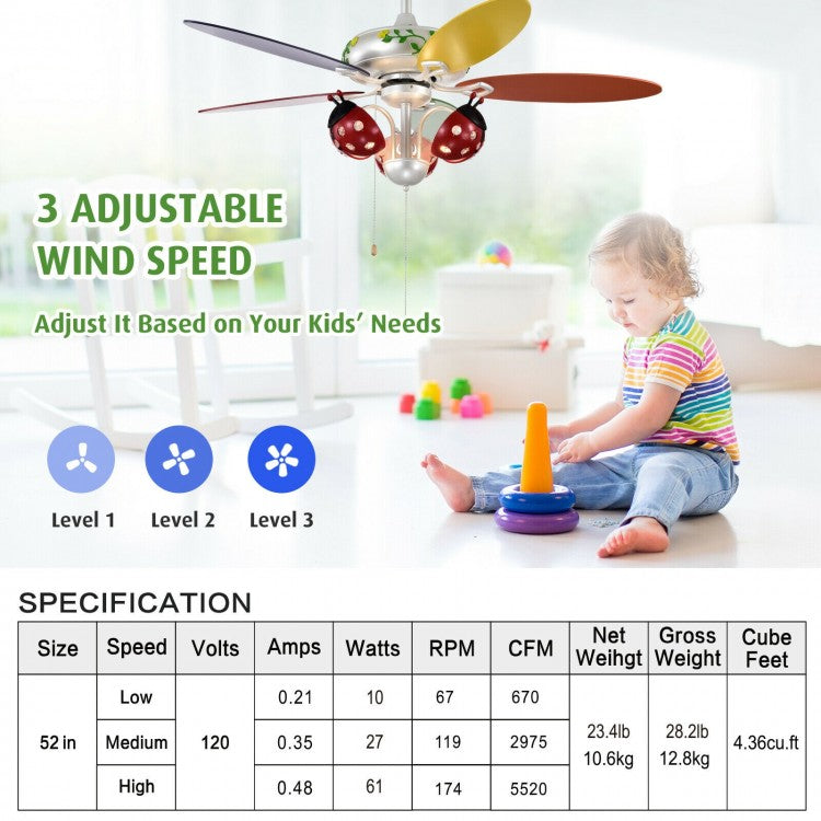 52 Inch Beetle Ceiling Fan for Kids with Colorful Blades & Pull Chain Control