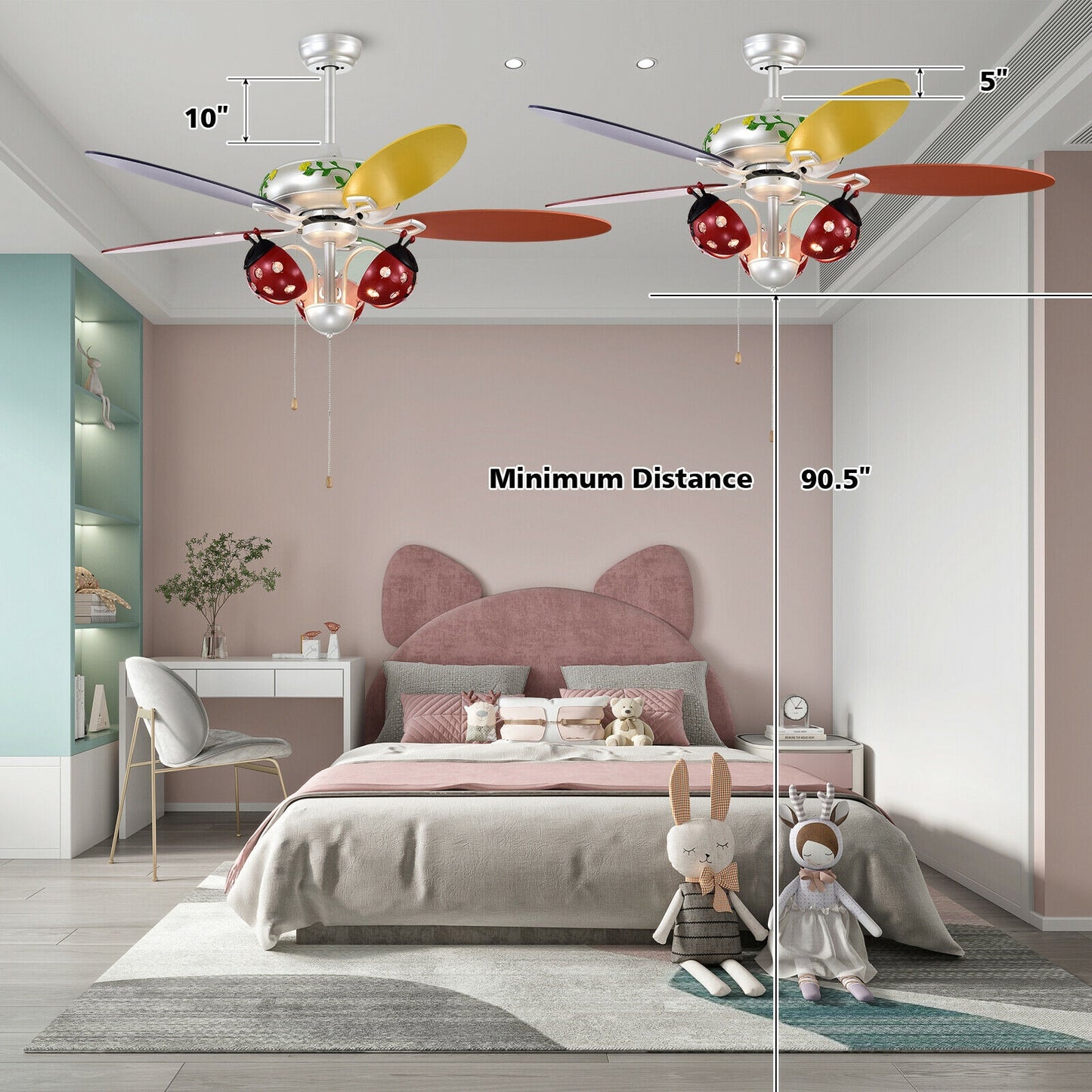 52 Inch Beetle Ceiling Fan for Kids with Colorful Blades & Pull Chain Control