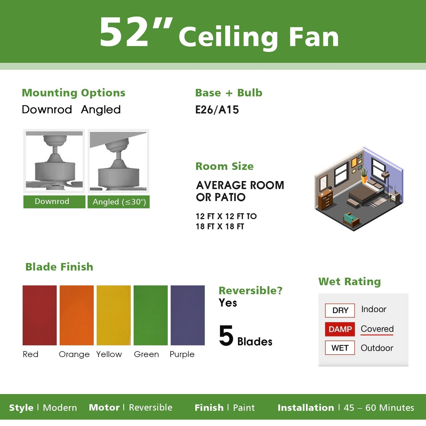 52 Inch Beetle Ceiling Fan for Kids with Colorful Blades & Pull Chain Control