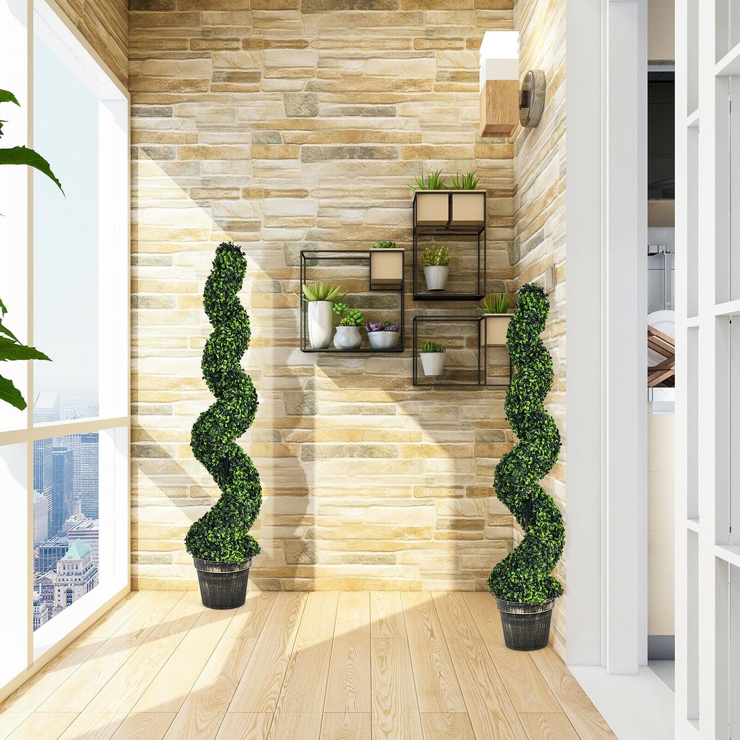 Set of 2 – 4ft Artificial Spiral Boxwood Topiary Trees for Indoor/Outdoor Spaces