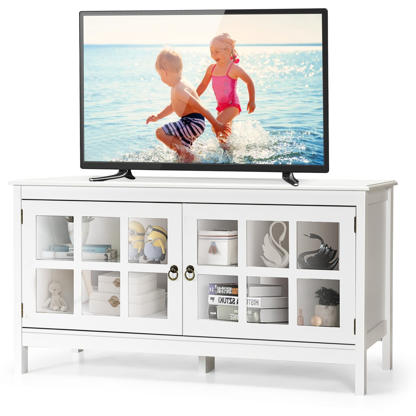 Wooden TV Stand with Cabinets and Open Shelves for TVs up to 50 Inches - White