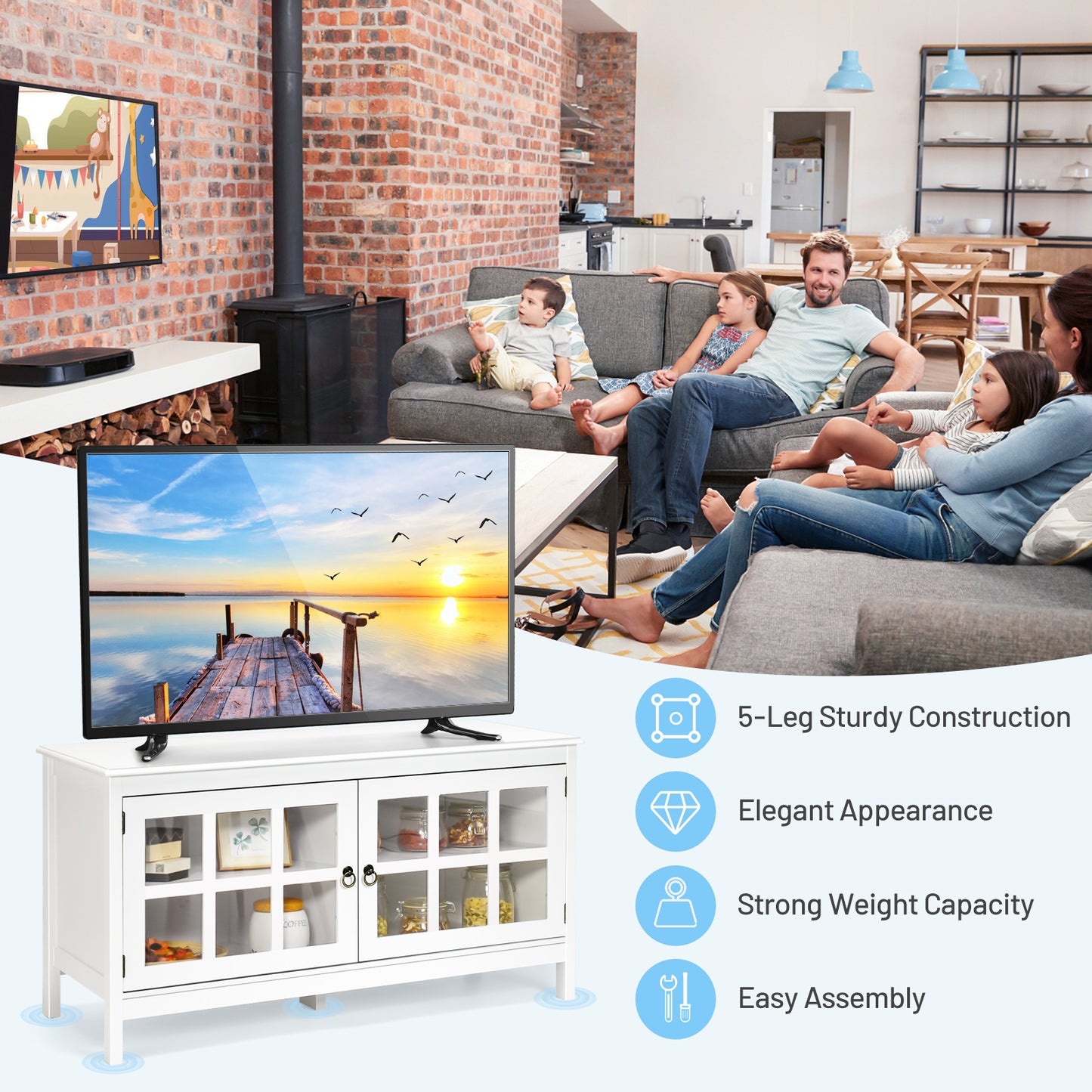 Wooden TV Stand with Cabinets and Open Shelves for TVs up to 50 Inches - White