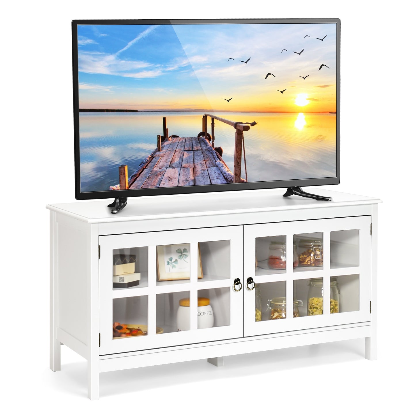Wooden TV Stand with Cabinets and Open Shelves for TVs up to 50 Inches - White