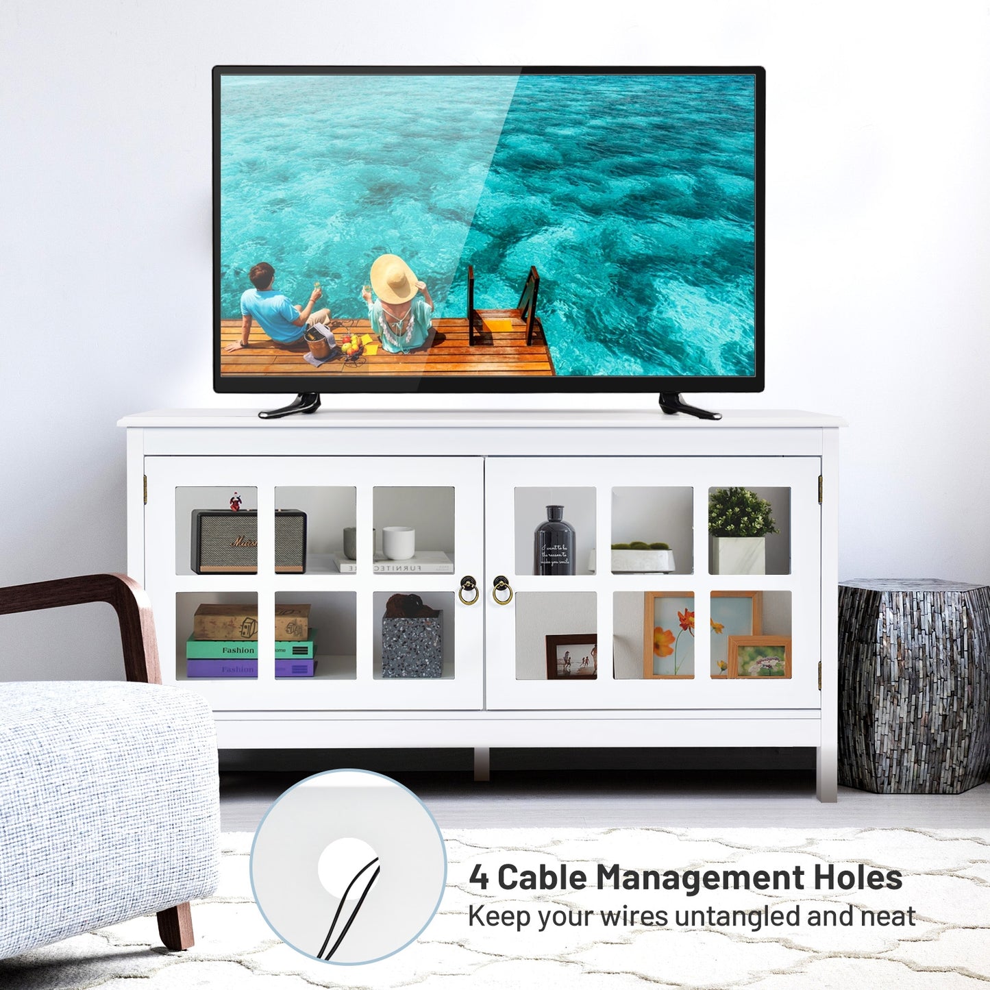 Wooden TV Stand with Cabinets and Open Shelves for TVs up to 50 Inches - White