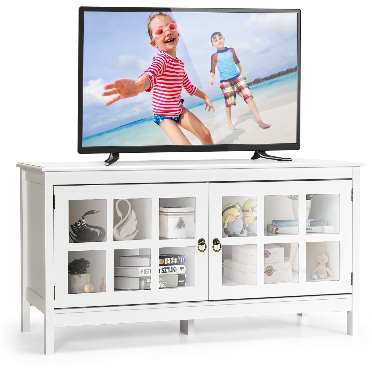 Wooden TV Stand with Cabinets and Open Shelves for TVs up to 50 Inches - White