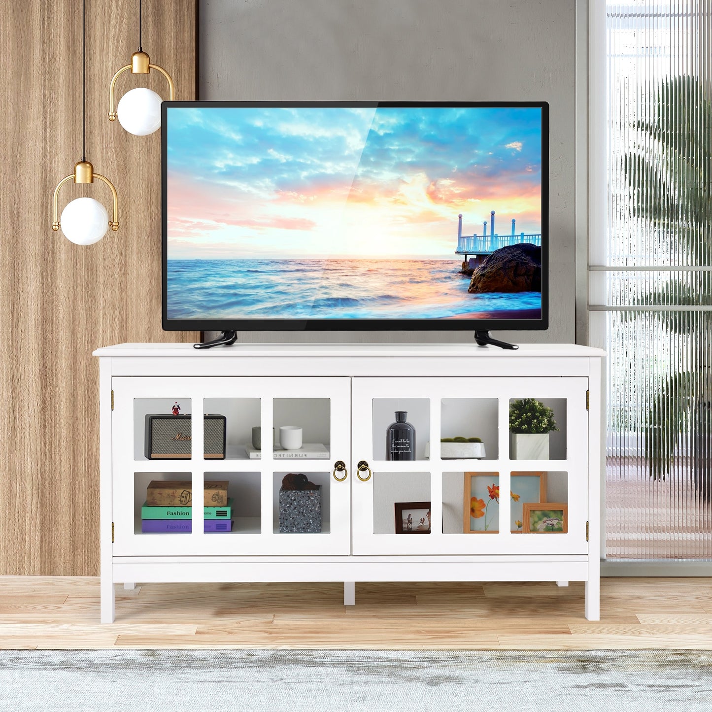 Wooden TV Stand with Cabinets and Open Shelves for TVs up to 50 Inches - White