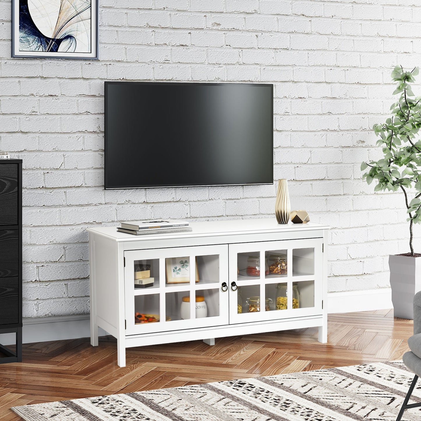 Wooden TV Stand with Cabinets and Open Shelves for TVs up to 50 Inches - White