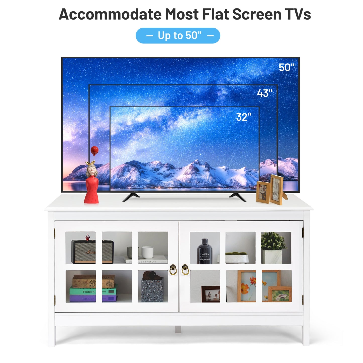 Wooden TV Stand with Cabinets and Open Shelves for TVs up to 50 Inches - White