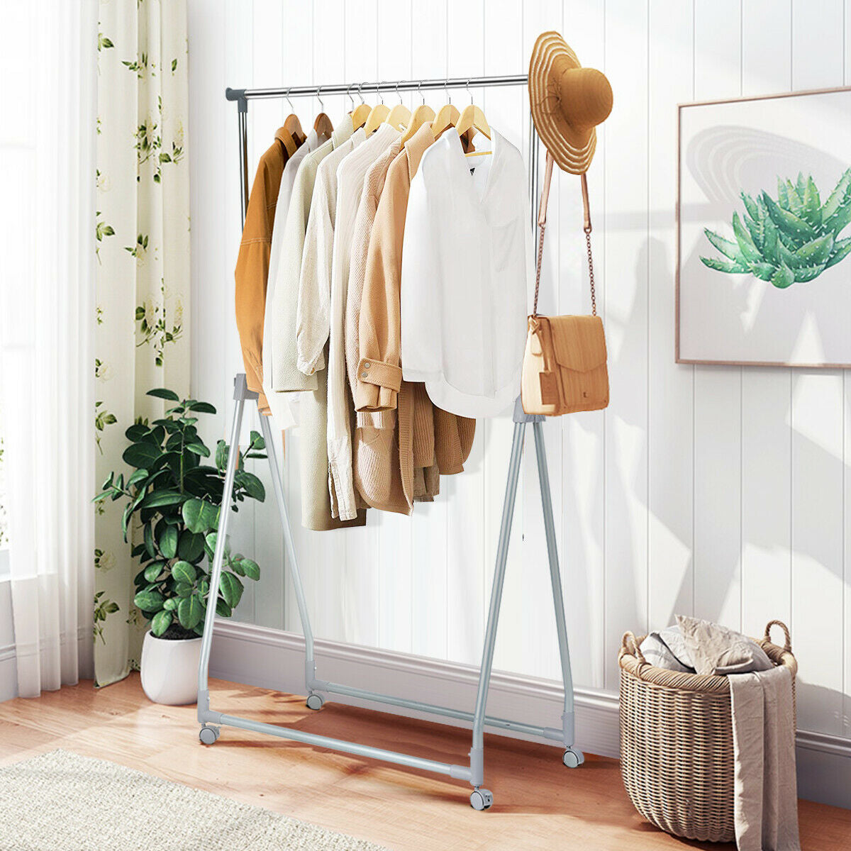 Adjustable Extendable Foldable Heavy-Duty Garment Rack with Hanging Rod and Wheels for Easy Mobility
