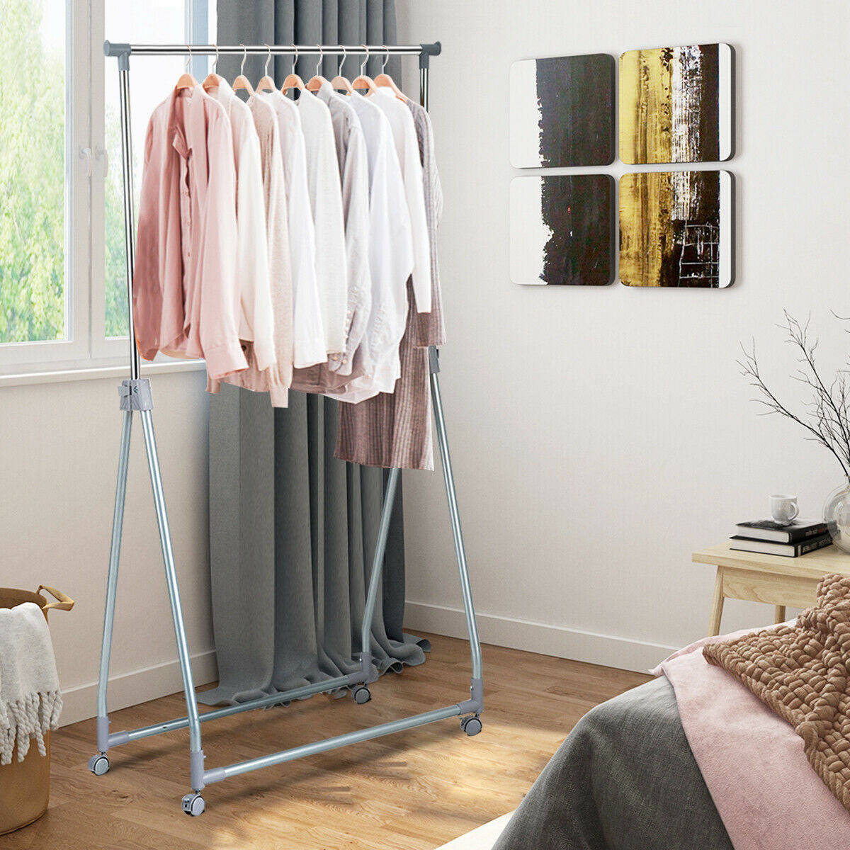 Adjustable Extendable Foldable Heavy-Duty Garment Rack with Hanging Rod and Wheels for Easy Mobility