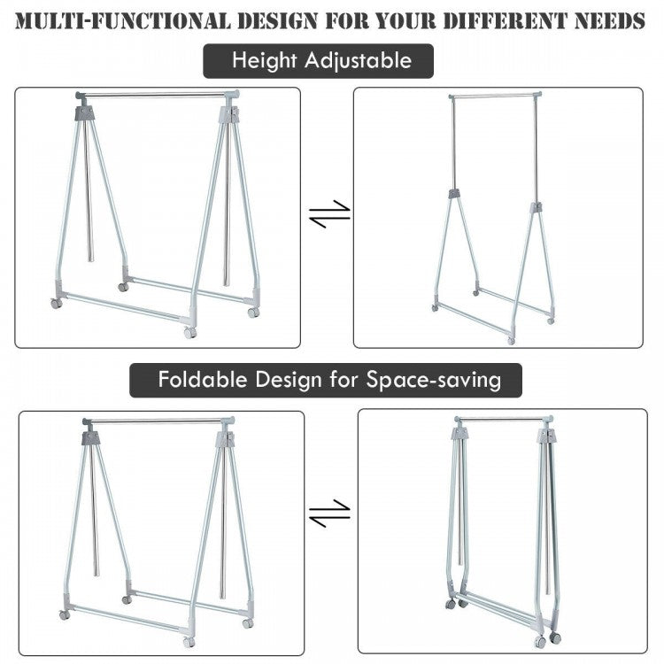 Adjustable Extendable Foldable Heavy-Duty Garment Rack with Hanging Rod and Wheels for Easy Mobility