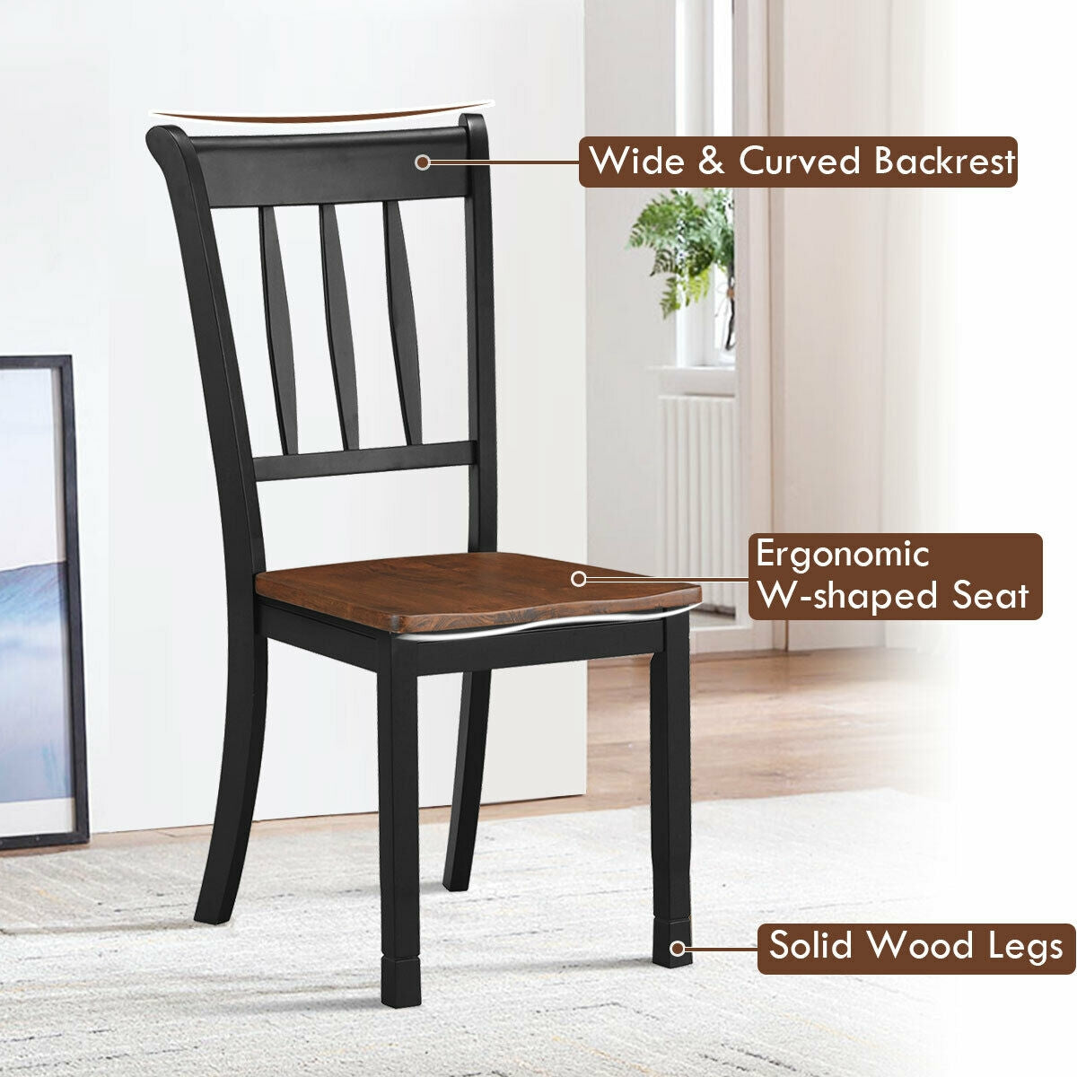 Set of 2 Whitesburg Spindle Back Dining Chairs with Solid Wood Frame and Black Finish
