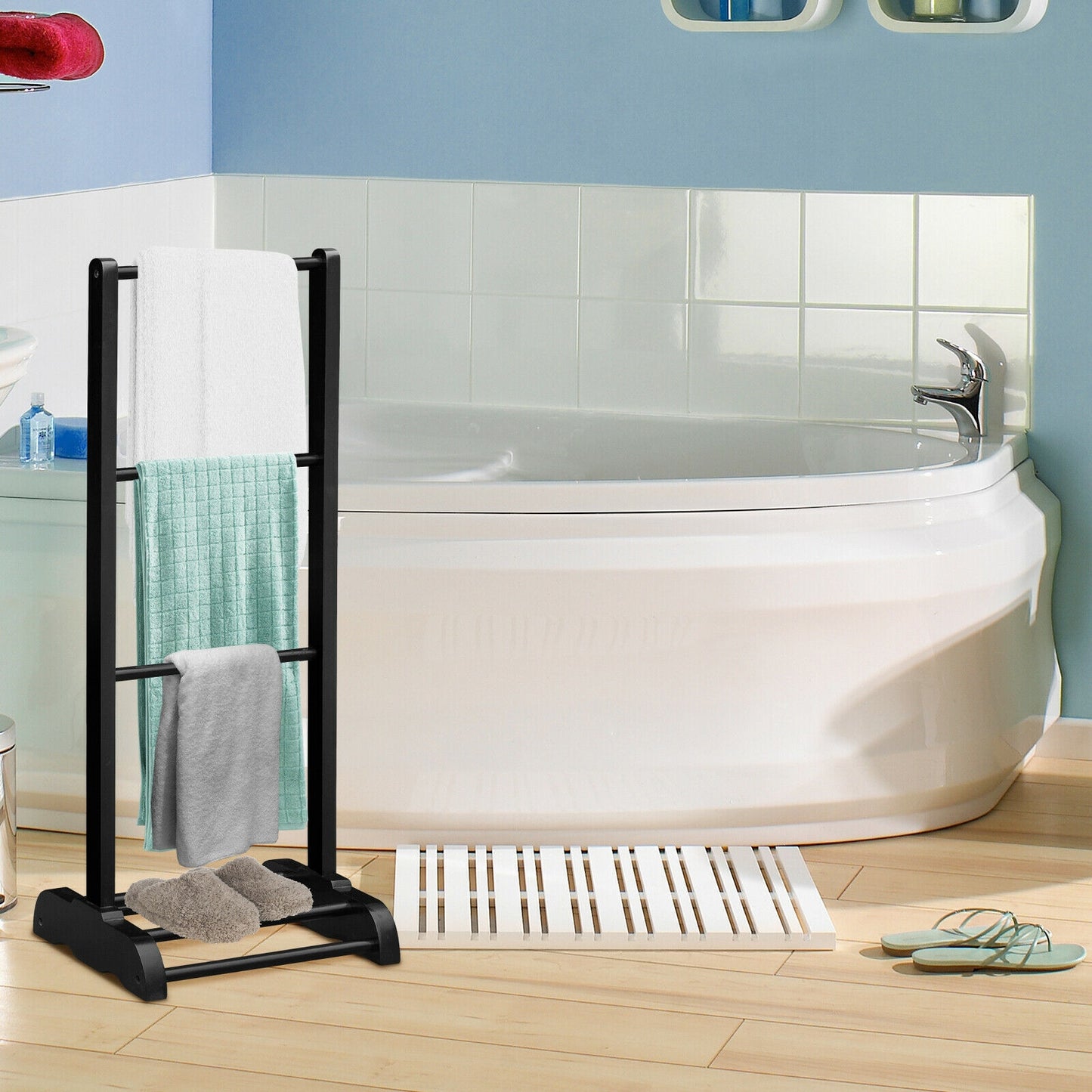 Freestanding Acacia Wood 3 Tier Towel Rack with Bottom Shelf