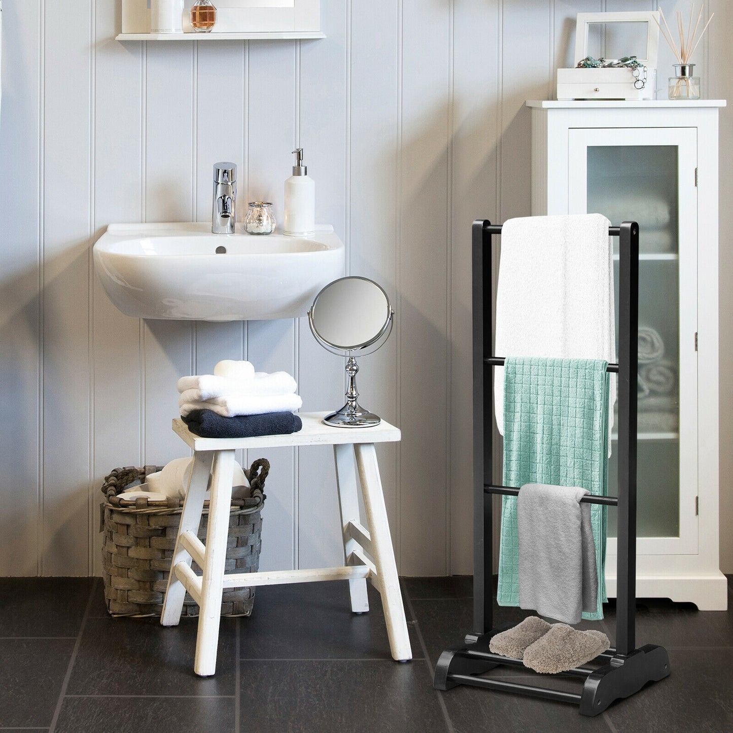 Freestanding Acacia Wood 3 Tier Towel Rack with Bottom Shelf