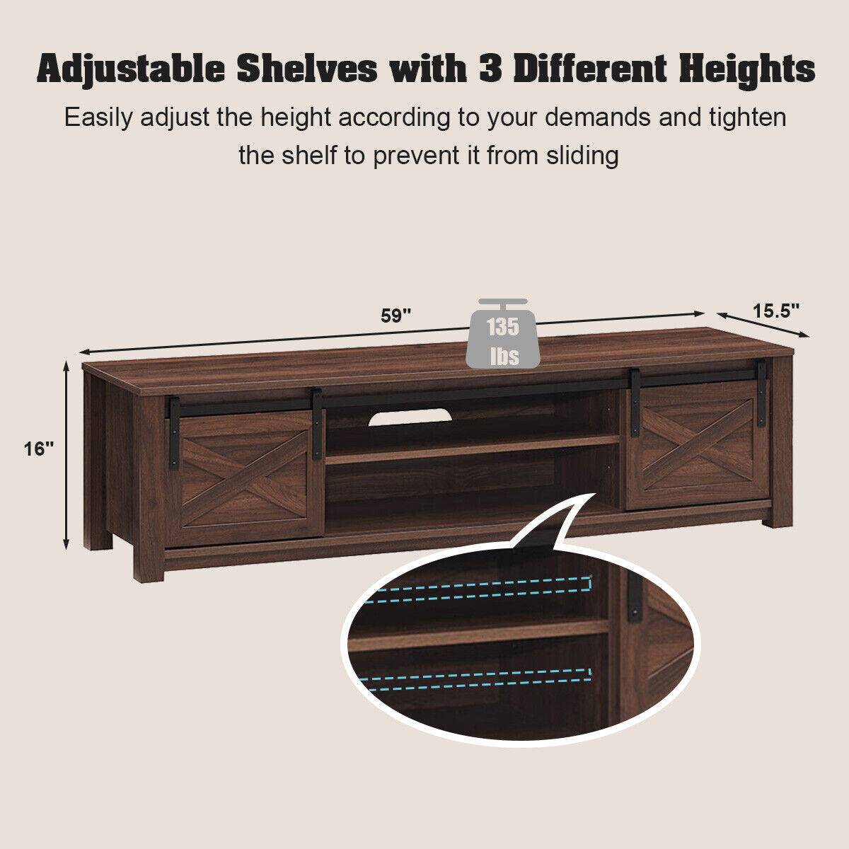 Sliding Barn Door TV Stand with Adjustable Shelves for TVs up to 65 Inches - Brown
