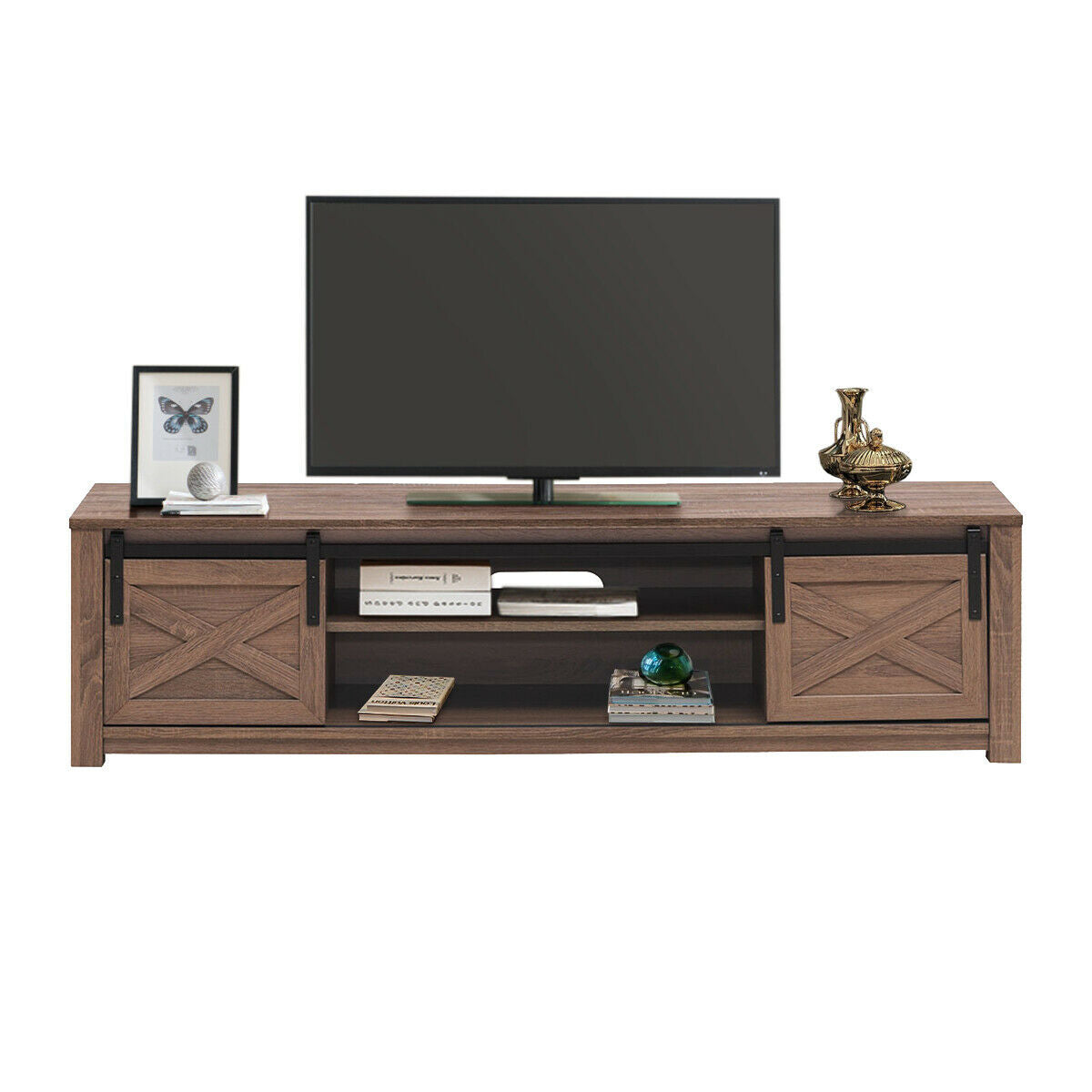 Sliding Barn Door TV Stand with Adjustable Shelves for TVs up to 65 Inches - Walnut