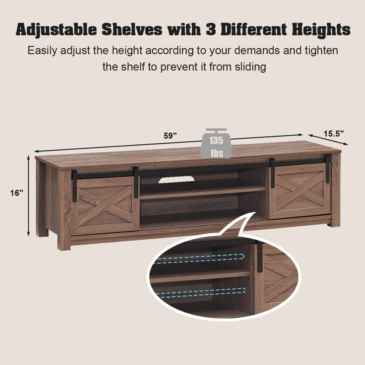 Sliding Barn Door TV Stand with Adjustable Shelves for TVs up to 65 Inches - Walnut