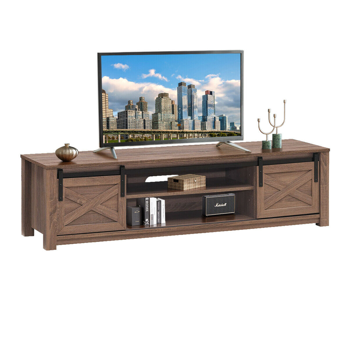 Sliding Barn Door TV Stand with Adjustable Shelves for TVs up to 65 Inches - Walnut