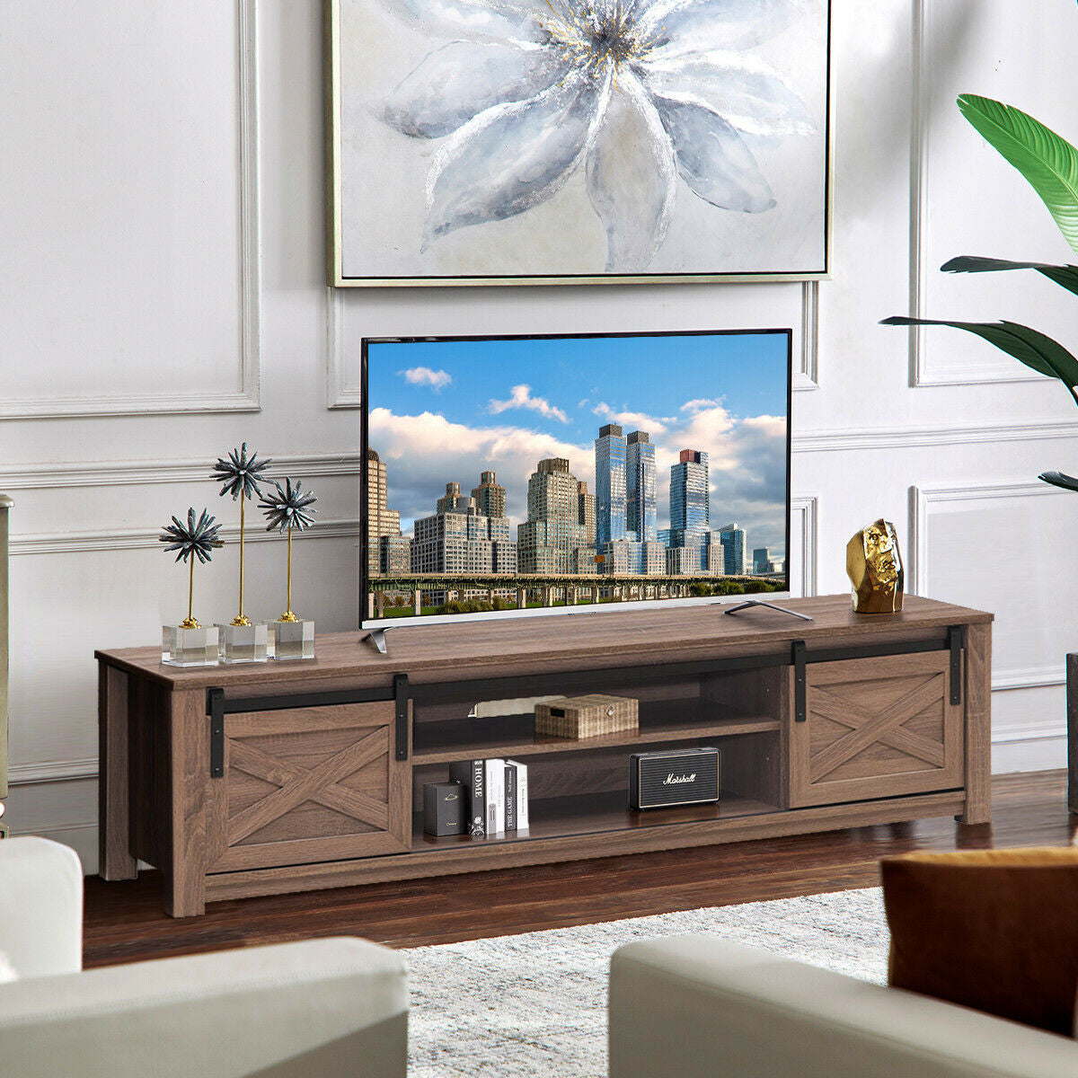 Sliding Barn Door TV Stand with Adjustable Shelves for TVs up to 65 Inches - Walnut