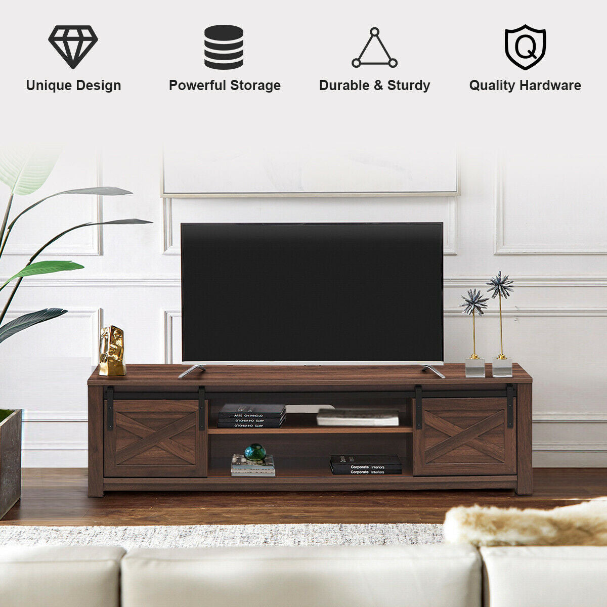 Sliding Barn Door TV Stand with Adjustable Shelves for TVs up to 65 Inches - Walnut