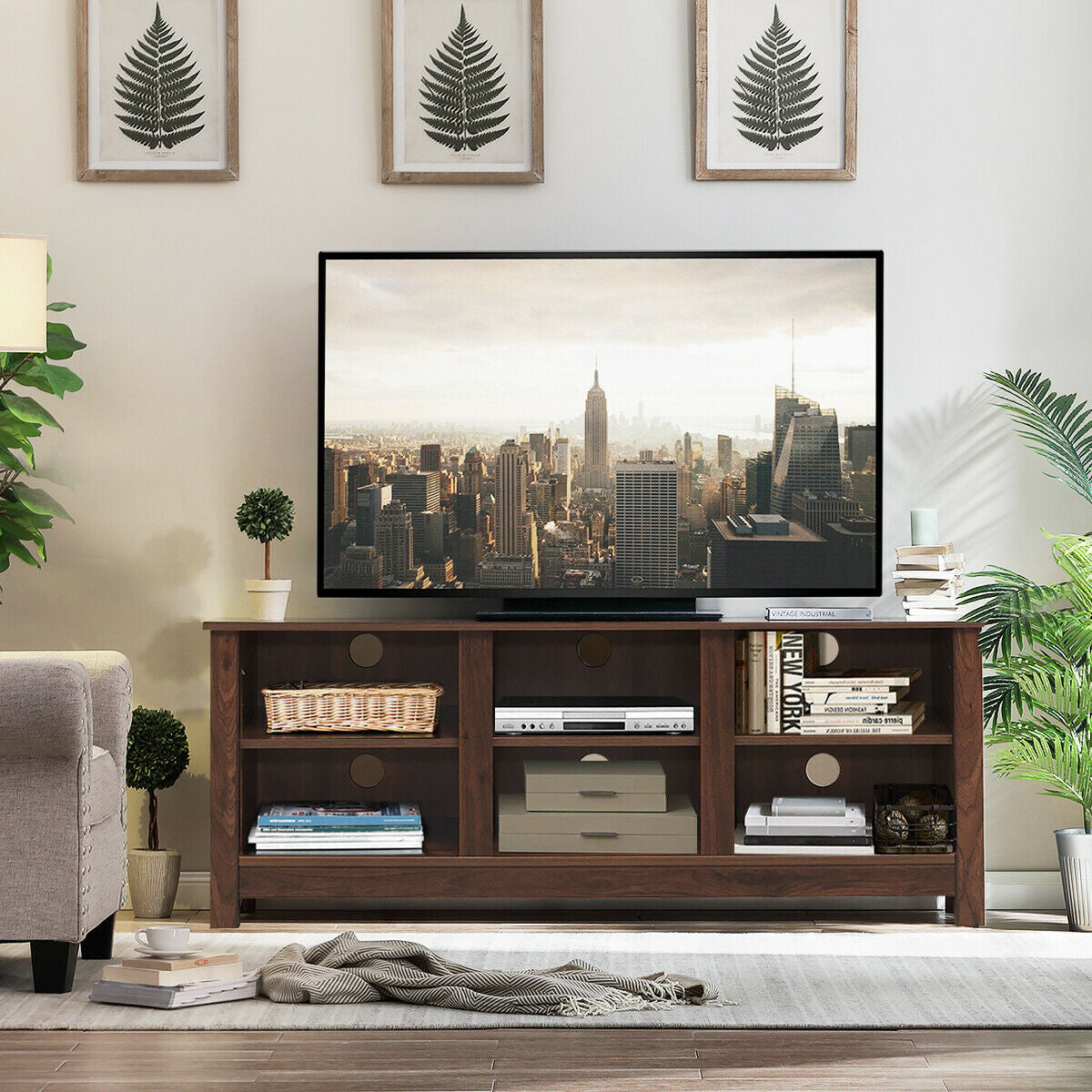 Mid-Century TV Stand for TVs up to 60 Inches with Open Shelves and Cable Management in Brown