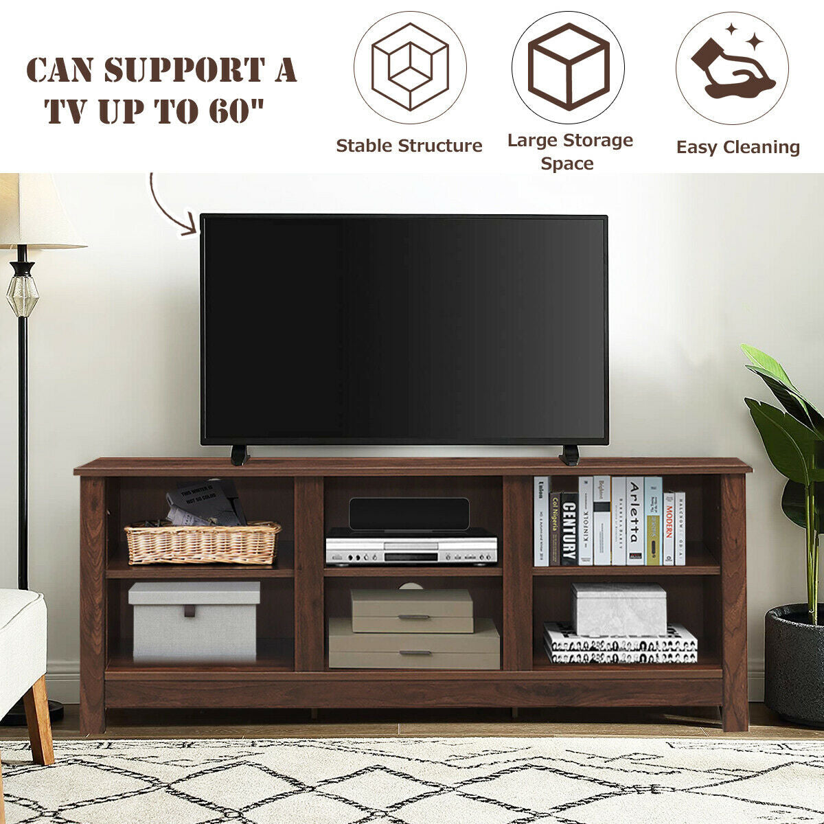 Mid-Century TV Stand for TVs up to 60 Inches with Open Shelves and Cable Management in Brown